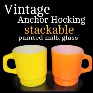 Vintage stackable anchor hocking painted milk glass mug set